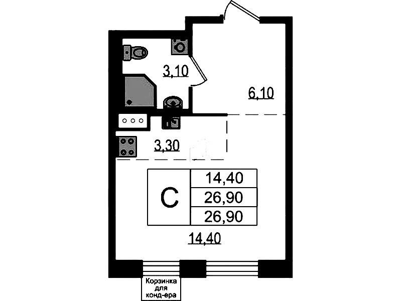 Квартира студия 26.9 м², 9/10 эт., ЖК «Курортный квартал»